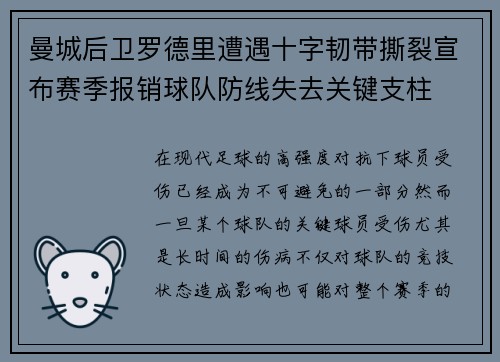 曼城后卫罗德里遭遇十字韧带撕裂宣布赛季报销球队防线失去关键支柱